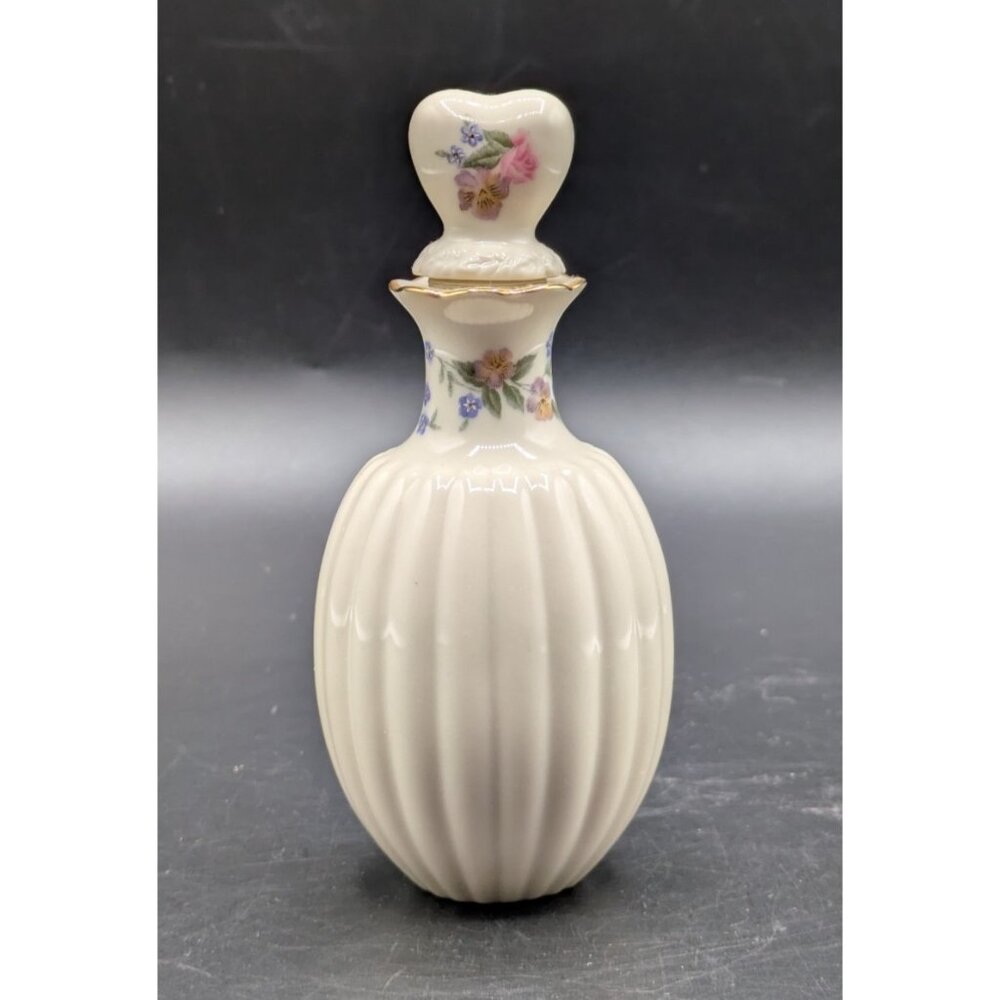 Lenox Perfume Bottle Ivory Porcelain Heart Stopper Floral Ribbed Base 4 3/4"
